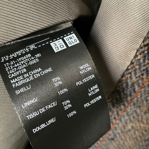 Uniqlo Double Breasted Long Coat Wool Blend Brown Herringbone w/ Check Size M - Picture 14 of 16